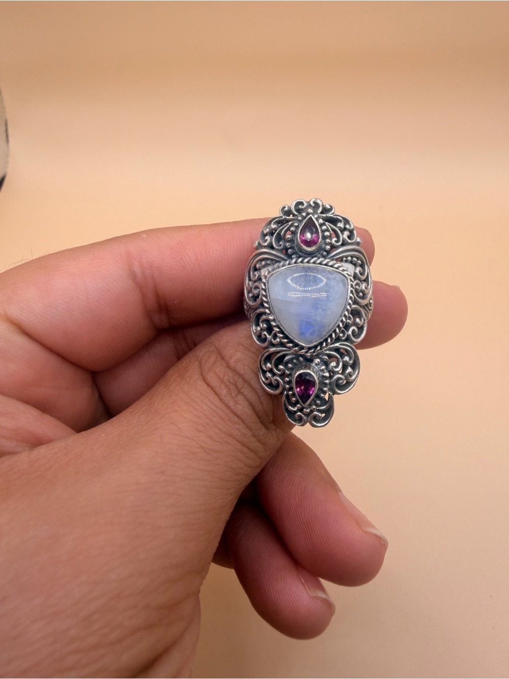 925 Sterling Silver Moonstone & Rhodolite Garnet Ring Size 10.